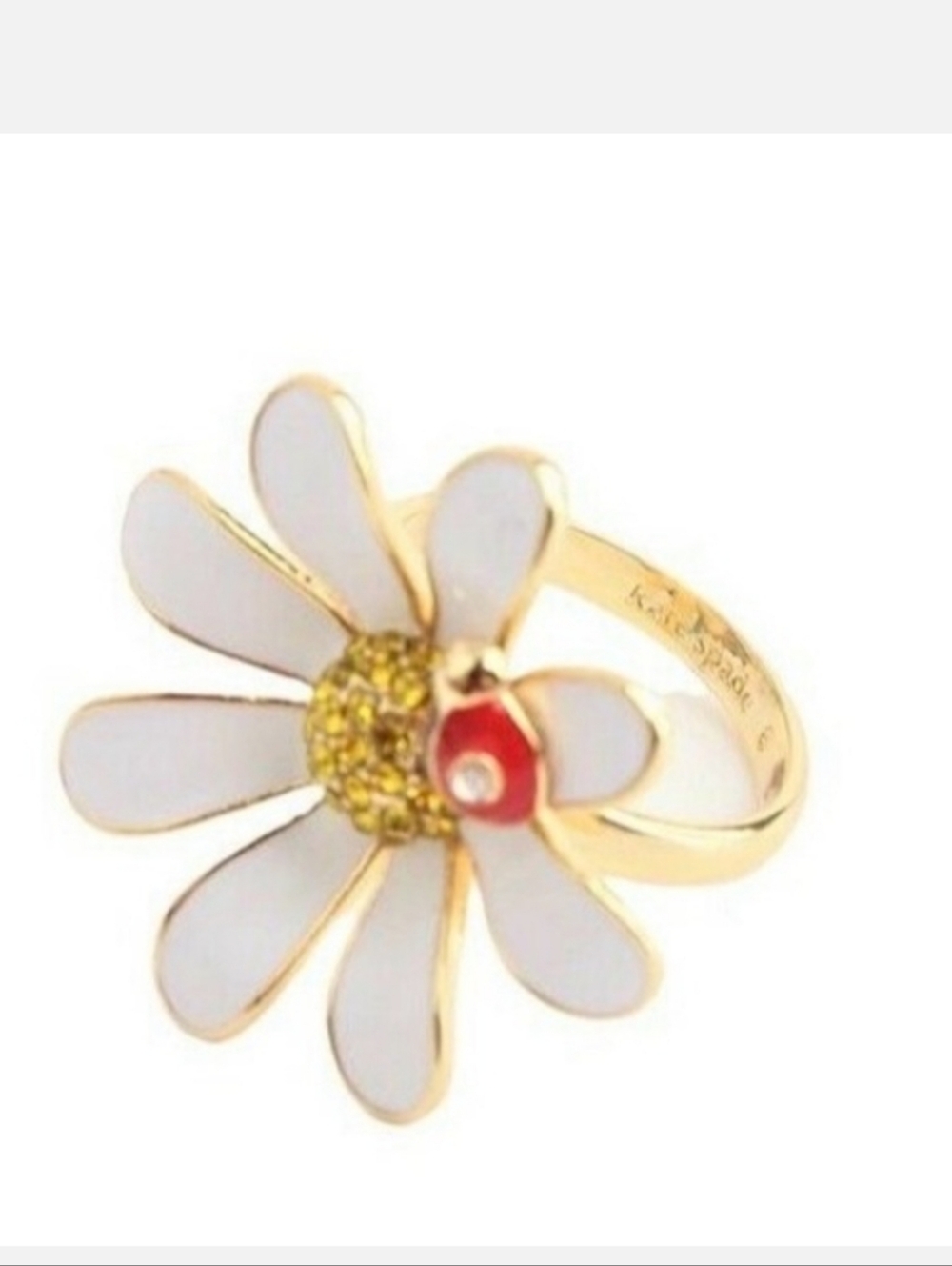 Kate Spade White Enamel Daisy with Red Ladybug Accent Ring Size 7 - Picture 2 of 5